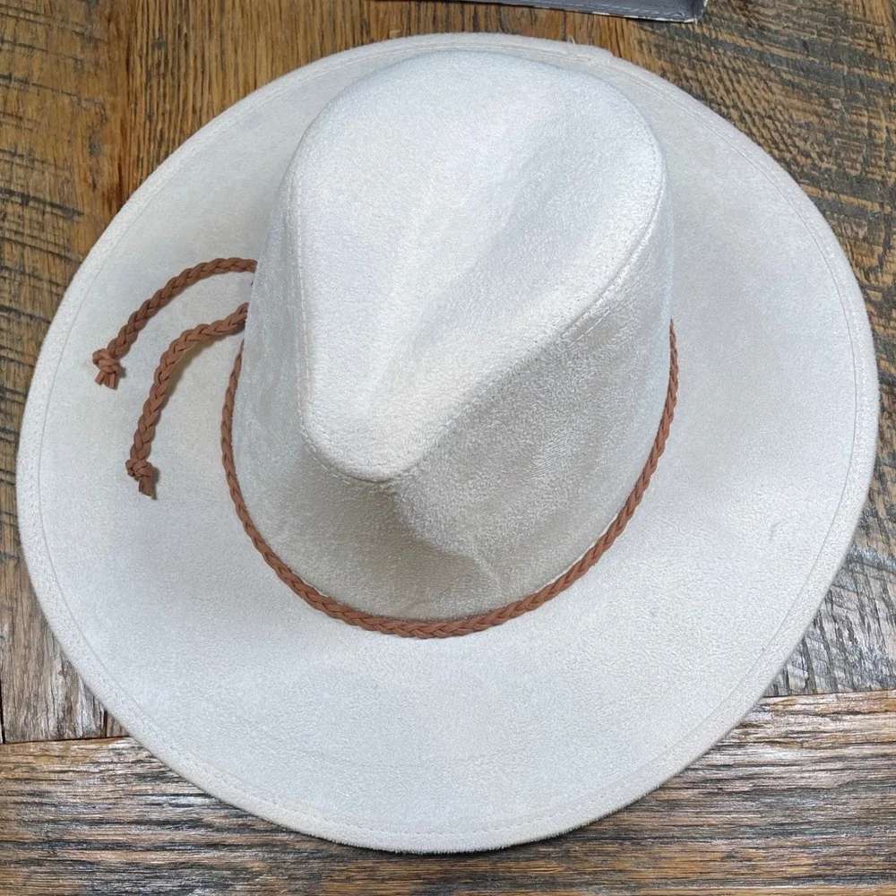 Cream Faux Suede Wide Brim Fedora Hat with Braided Band Cowgirl One‎ Size